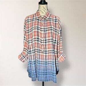 Vintage America Blues XL Plaid Fade Roll Tab Sleeves Back Lace Top Boho Western